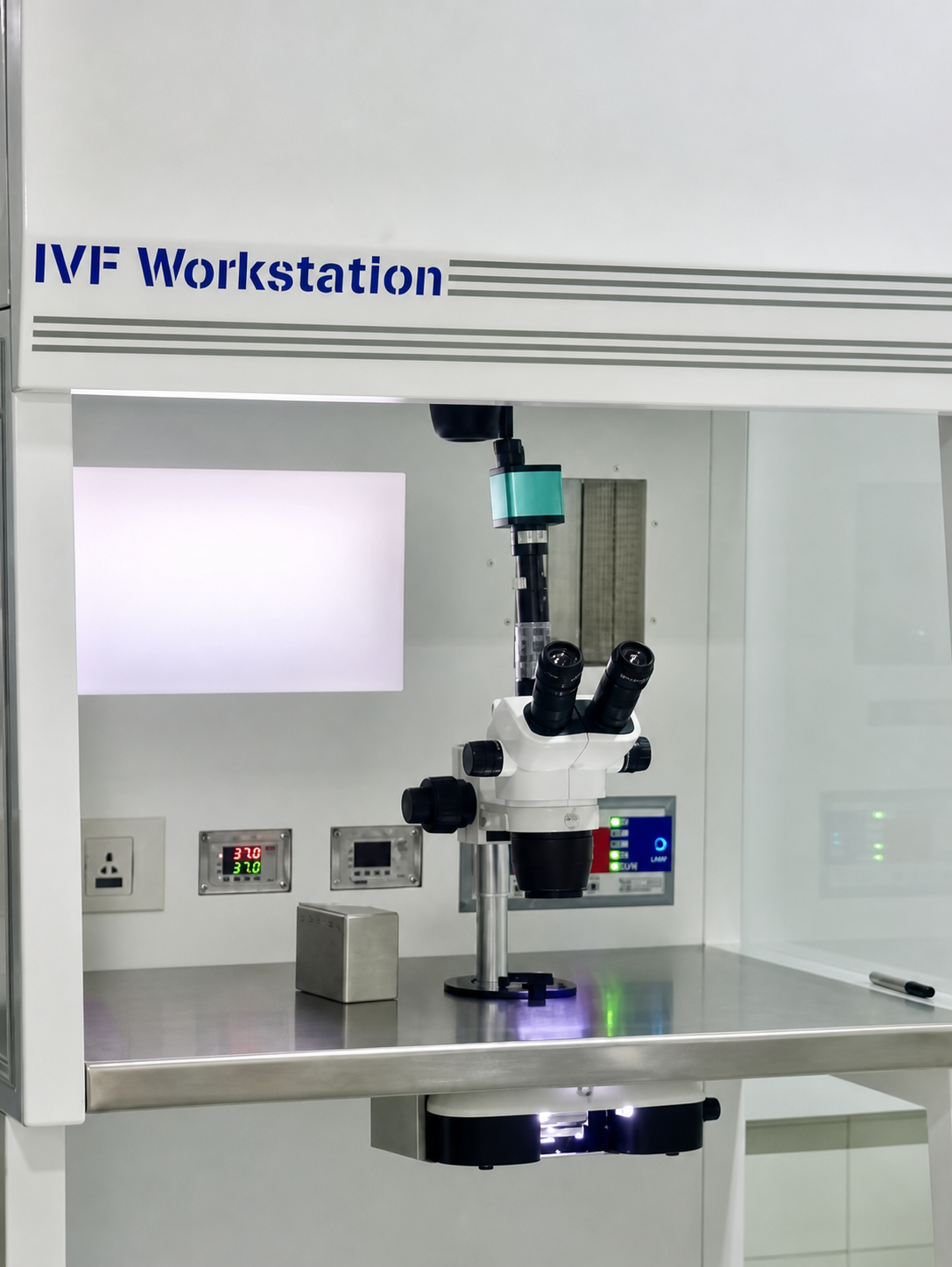 A clean IVF workstation and microscope in the embryology laboratory