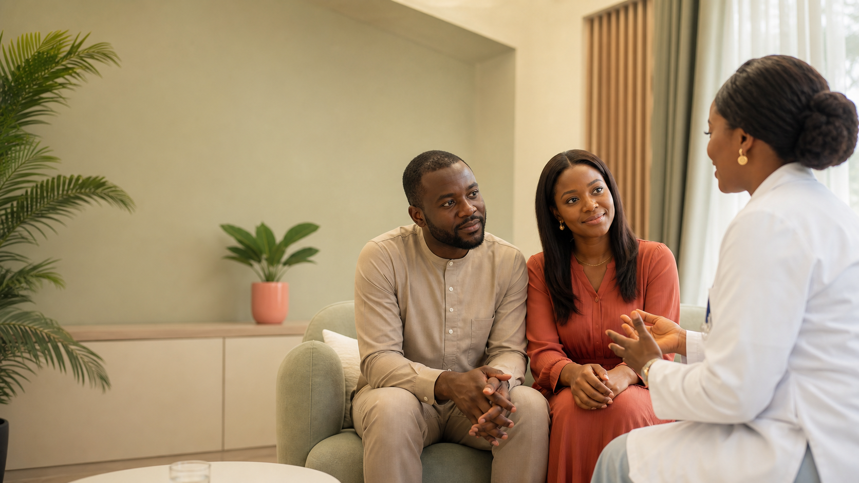 A couple having a calm, supportive fertility consultation